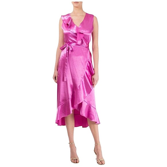 Maje Dresses & Skirts - Maje  Ripple Ruffle Detail Satin Wrap Dress in Fuchsia Size Small (1)